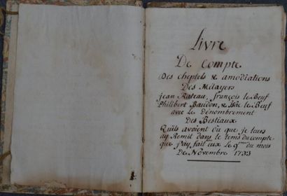 FRANCE XVIII ème, livre de comptes des cheptels...