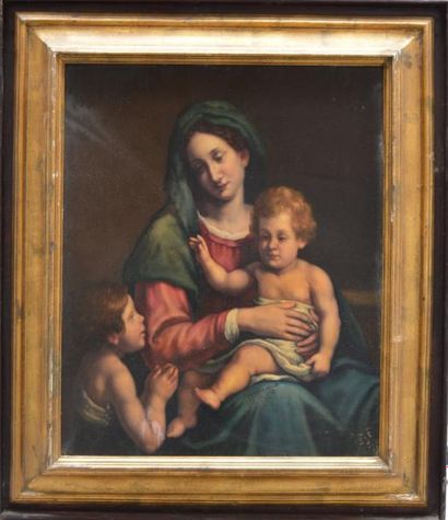 null Ecole ITALIENNE, Madone à l'Enfant et Jean-Baptiste, huile sur cuivre. 58 x...
