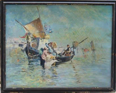 null Ecole ITALIENNE, Fête sur une barque, huile sur toile. 71 x 90 cm.