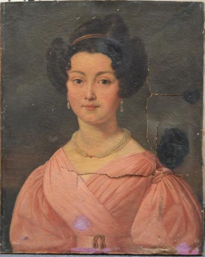 null Ecole FRANCAISE vers 1820, Femme au collier de perles, huile sur toile. 61 x...