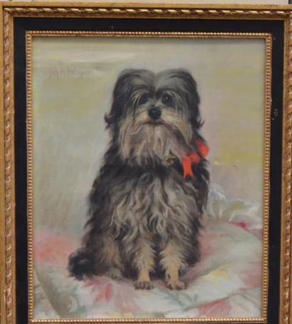 null Henry DAUDIN (XIX-XX ème), Chien au ruban rouge, 1905, huile sur toile signé...