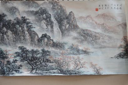 null CHINE, grande encre sur papier figurant un paysage de montagne.