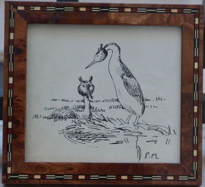 null Paul MARCUEYZ (XIXème-Xxème), Couple de harles, dessin à l'encre sur papier,...