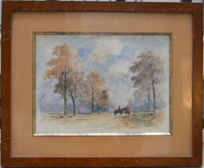 null Joseph LE TOURNIER (1892-1972), Veneurs en forêt, aquarelle sur trait d'encre...