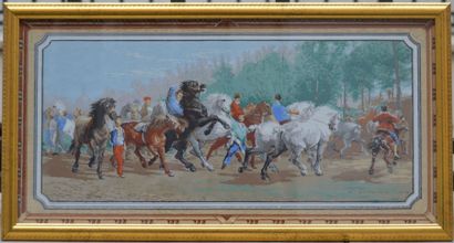 null Ecole FRANCAISE début XX ème, Marché aux chevaux, papier peint à la gouache...