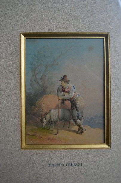 null Filippo PALIZZI (1818-1899), Berger, aquarelle signée en bas à gauche. 18 x...