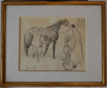 null JACQUET (XX ème), Lad préparant un cheval, dessin. 16 x 21 cm.