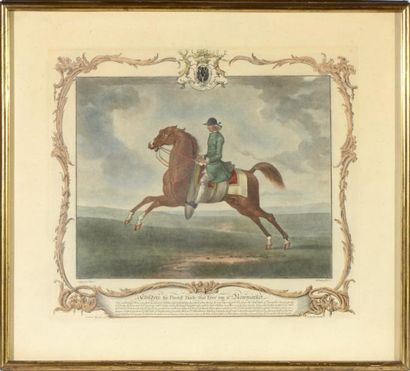 null Ecole ANGLAISE du XVIII ème, Chevaux et cavaliers, paire de gravures colorées....