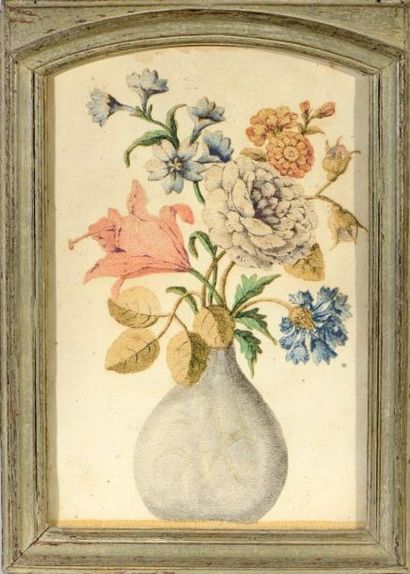 null Ecole FRANCAISE fin XVIII-début XIX ème, Vase de fleurs, papier piqué et aquarellé....