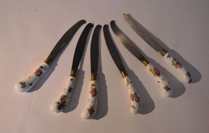 null SUITE de 6 couteaux, manche en porcelaine peinte de fleurs, lames en acier inscrites...