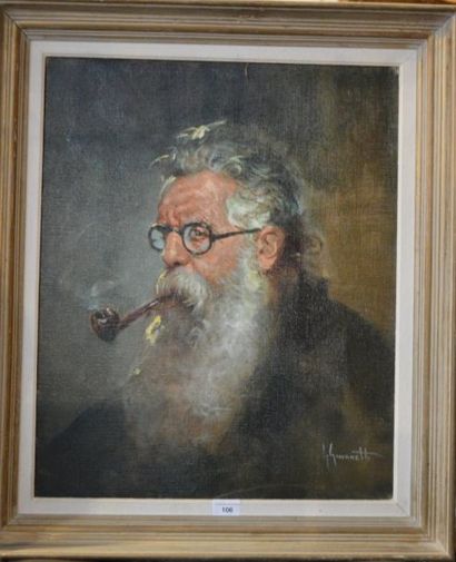 null GIAVANETTI, LE BARBE FUMEUR DE PIPE, huile sur toile, signé en bas à droite....