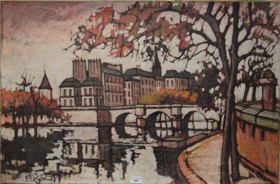 null PERREL, LE PONT NEUF, huile sur toile, signé en bas à gauche. 61 x 92 cm.