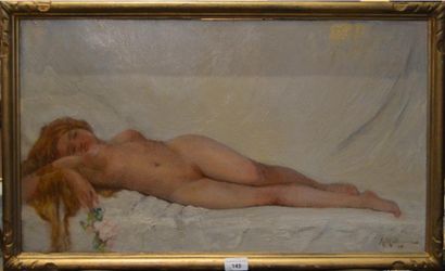 null ALBERT MATIGNON, NU, huile sur bois. 39 x 58 cm.