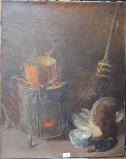 null E.F. NICOLLE, NATURE MORTE AU CANARD, huile sur toile. 81 x 65 cm.