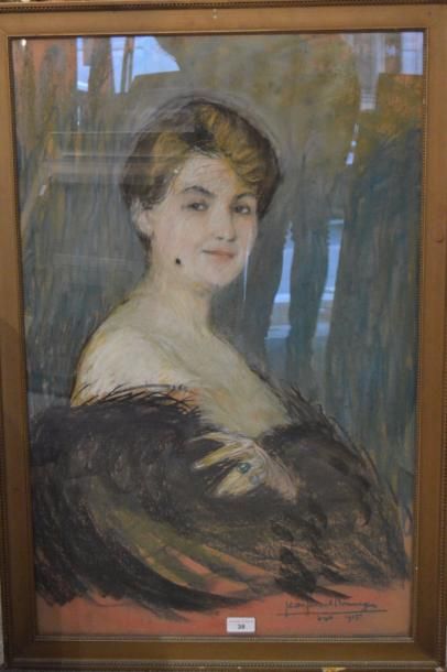 null J.B. DOMERGUE, PORTRAIT DE FEMME, PASTEL 82 x 52 cm.