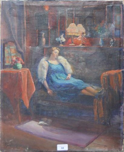 null FEMME AU REPOS, huile sur toile 55 x 45 cm.