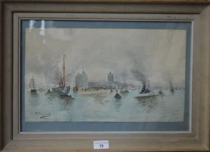 null R. MOUCHARD 1907, BATEAUX SUR FLEUVE, AQUARELLE signé en bas à gauche 23 x 41...