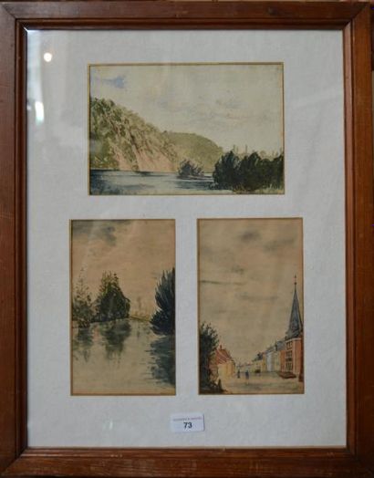 null JULES AVIAT, 3 AQUARELLES SOUS VERRE PAYSAGE ET VILLES 