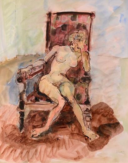 Paul AIZPIRI (1919-2016) Paul AIZPIRI (1919-2016), nu au fauteuil, encre et aquarelle...