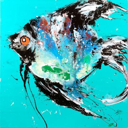 Qunce ZENG (né en 1969) Qunce ZENG (né en 1969), Poisson discus fond turquoise, acrylique,...