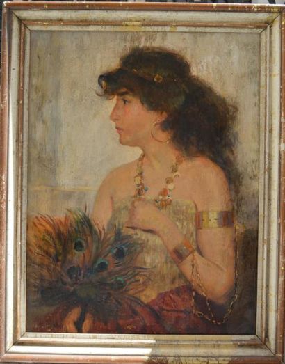 null Ecole ITALIENNE du XIX ème, Femme au paon, huile sur toile. 65 x 50 cm.