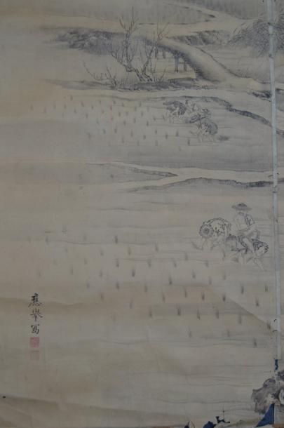 null JAPON, Maruyama OKYO XIX ème siècle. Paysage animé, la plantation du riz, importante...