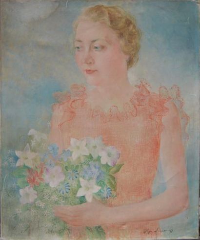 Olga SACHAROFF (1889-1969) Olga SACHAROFF (1889-1969), Portrait de femme au bouquet...