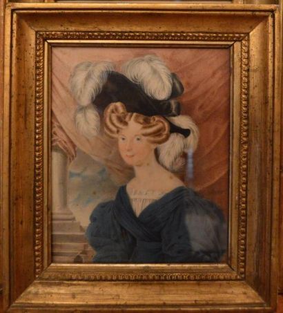 null Ecole FRANCAISE milieu XIXeme, portrait d'une élégante au chapeau de plume,...