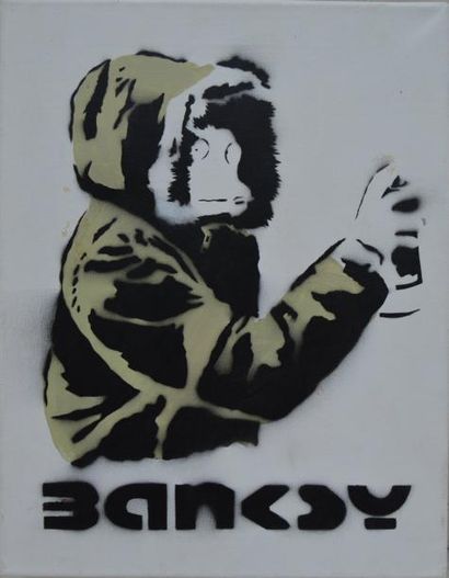 null ANONYME, Portrait de Banksy, pochoir sur toile. 46 x 35 cm