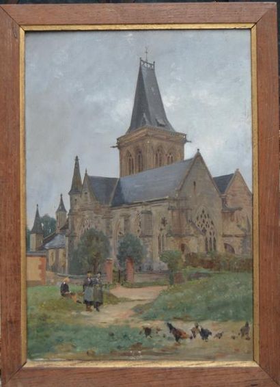 null Attribue à Timoléon LOBRICHON (1831-1914), Animation devant l'Eglise du Bourg...