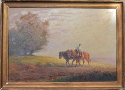 null Eugène PECHAUBES (1890-1967), Deux chevaux et leur maître, huile sur panneau...