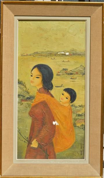 null Mara TRAN-LONG (1935), femme et son enfant, 1964, huile sur toile. 30 x 60 cm....
