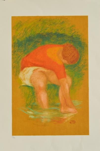 null Aristide MAILLOL (1861-1944), femme penchée, lithographie colorée vert et orange...