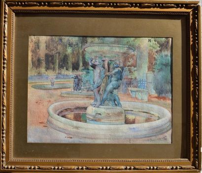 null Pierre LEROUX (1890-1959), Fontaine dans un parc, 1911, aquarelle signée. 29...