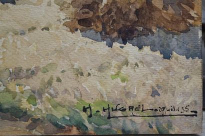 null Claude Honoré HUGREL (1880-1944), Paysage aux bottes de paille, aquarelle sur...