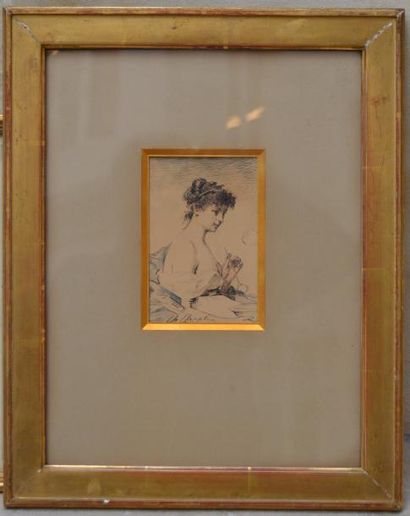 null Charles CHAPLIN (1825-1891), Portrait de femme, crayon et aquarelle. 13 x 9...