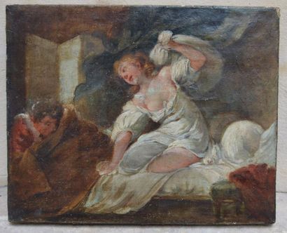 null Attribué à Charles Eisen (1720-1778), le voyeur, huile sur toile. 21 x 25 cm....