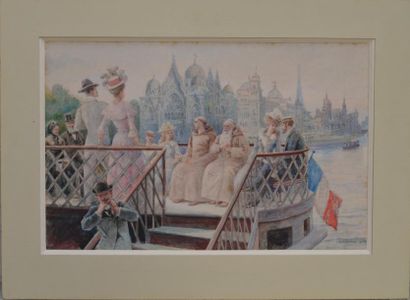 null ESCUDIER, 1900, Exposition Universelle de Paris, aquarelle signée. 25 x 40 ...