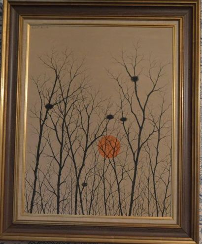 null Hubert AICARDI (1922-1991), soleil couchant entre les arbres, huile sur toile...