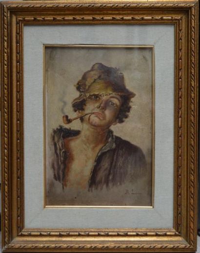 null Enrico DE LUISE (1840-1915), jeune enfant napolitain au chapeau, huile sur carton...