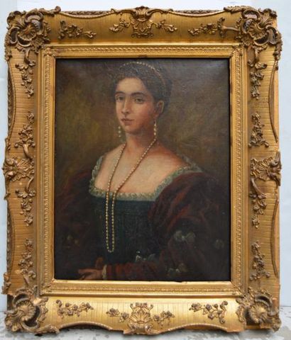 null Ecole FRANCAISE du XIX ème, Portrait de femme aux perles, huile sur toile. 73...
