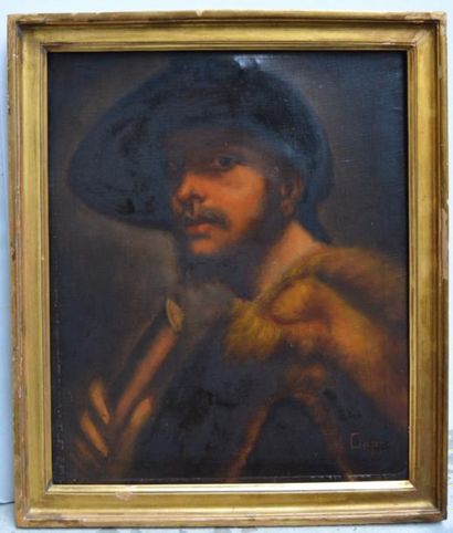 null Ecole ITALIENNE début XX ème, portrait d'homme au chapeau et la fourrure, huile...