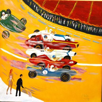 null Jean WALLIS (né en 1938), virage, courses à Monaco, huile sur toile, signée...
