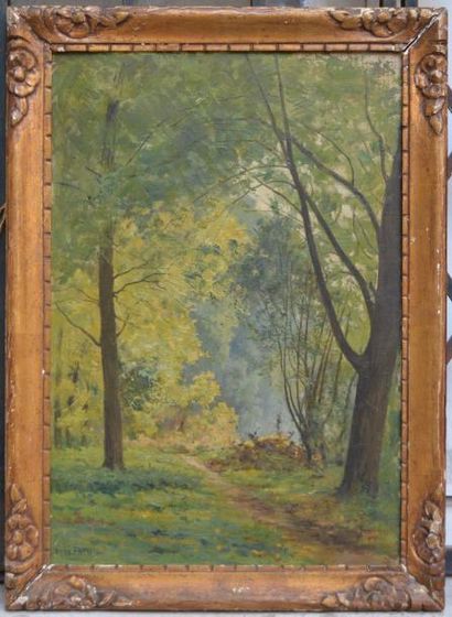 null René FATH (1850-1922), sous-bois, huile sur panneau signée. 55 x 37 cm.