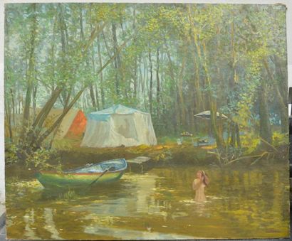 null Boris MEDVEKINE (né en 1938), bain au bord du camp, huile sur toile. 100 x 120...