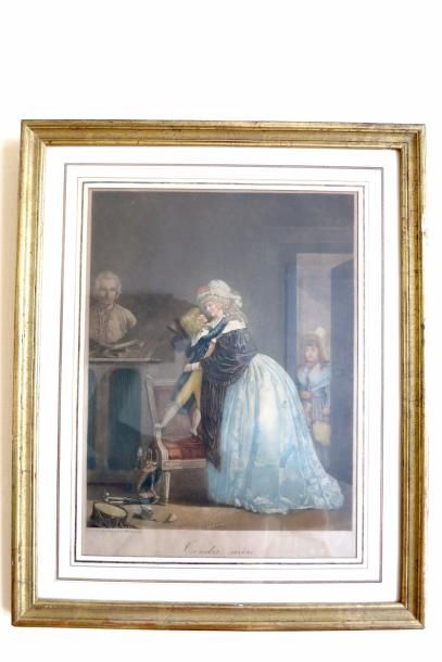null DEBUCOURT (1755-1832), 'Tendre mère', 'le petit soldat', paire de gravures colorées....
