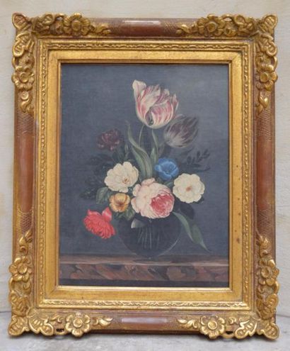 null Ecole HOLLANDAISE du XIX ème, vase de fleurs et tulipes, huile sur papier marouflé...