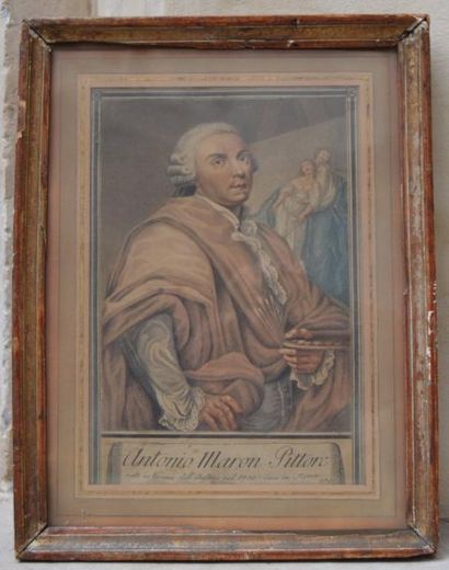 null Ecole ITALIENNE du XVIII ème, Portrait du peintre Antonio Maron, gravure réhaussée....