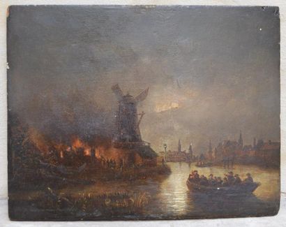 null Suiveur de VAN GOYEN, Incendie près du moulin, huile sur panneau. 19 x 24 c...