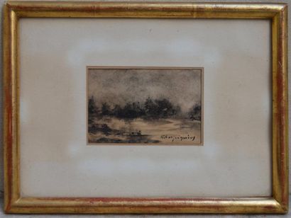 null Henri Joseph HARPIGNIES (1819-1916), Paysage, encre signée. 6 x 9,5 cm.
